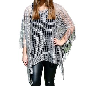 Silver Crocheted Poncho with Fringe